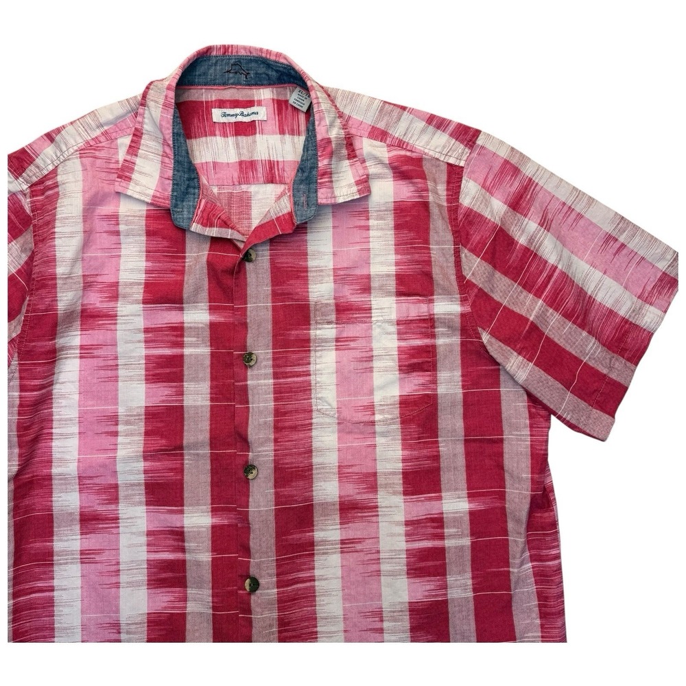 Tommy Bahama Who Got Ikat SILK Blend Red Pink Plaid C Shirt Size XL
